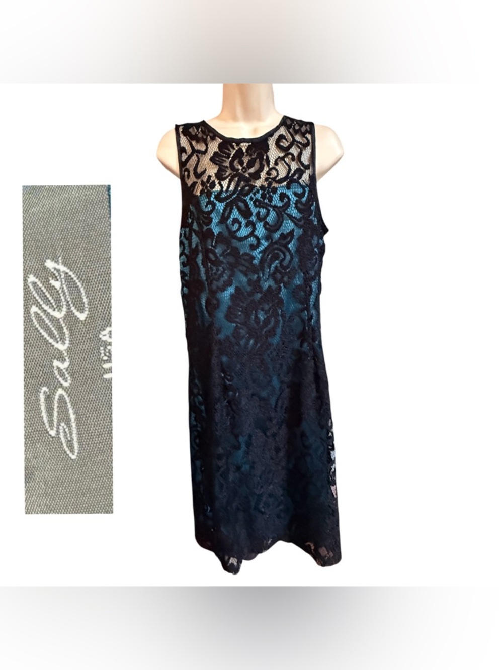 Sally USA Black Lace Overlay Sleeveless Dress with Teal Lining|woman size L
